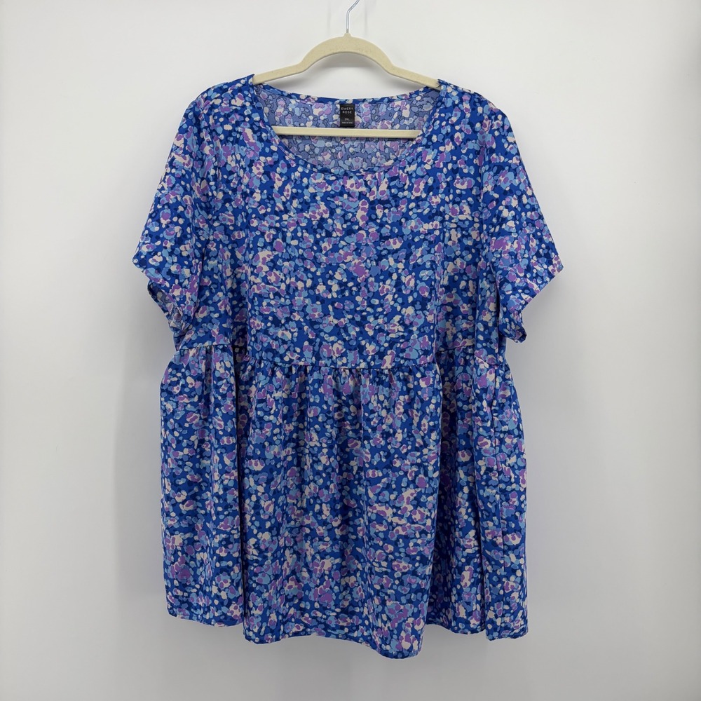 Emery Rose Womens 2XL Blue Floral Babydoll Top Short Sleeve Peplum Blouse